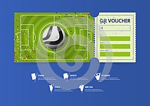 Football or Soccer ticket template design for sport match. Soccer pitch with circle pattern. Gift vouchers or certificate coupons.