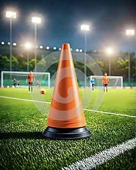 Football or soccer training with training cones and ball on pitch under lights at night