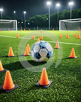 Football or soccer training with training cones and ball on pitch under lights at night