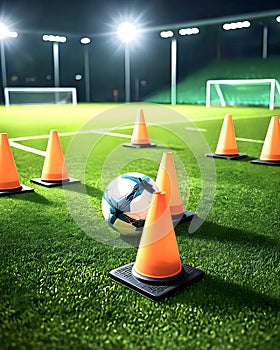 Football or soccer training with training cones and ball on pitch under lights at night