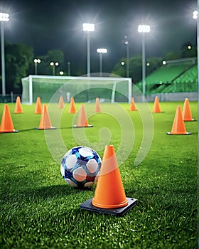 Football or soccer training with training cones and ball on pitch under lights at night
