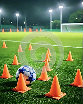 Football or soccer training with training cones and ball on pitch under lights at night