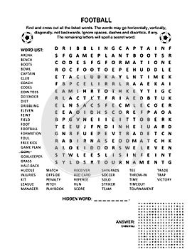 Football soccer wordsearch puzzle or word game