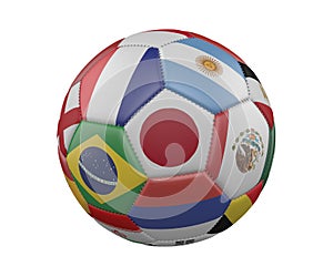 Football SoccerBall with Flags isolated on white background, Japan in the center, 3d rendering.