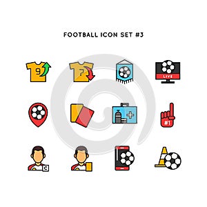 Football sport icon set. Soccer object illustration. Simple clean line colored symbol