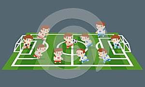 Football sport play field grass soccer game teams players cartoon kids flat design vector illustration