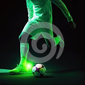 Football sport player feet kicking the ball in neon color light for futuristic sport concept