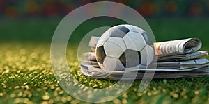 Football and sports newspapers and a soccer ball on a green field. Informing and entertaining sports fans worldwide. Concept of