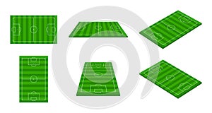 Football stadium. 3d soccer field. Green football arena with perspective view. Isometric court for sport game. Green grass on