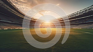 Football stadium classic image background with sunset in the background, warm light on the field and a wide-angle view