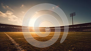 Football stadium classic image background with sunset in the background, warm light on the field and a wide-angle view