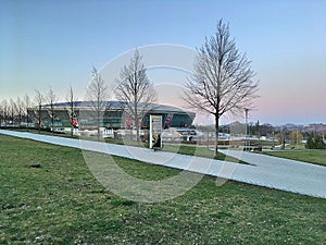 Football stadium Donbass Arena. Park of the Leninist Komsomol. City environment.