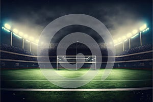 Football stadium with goal, seats and lights created using generative ai technology