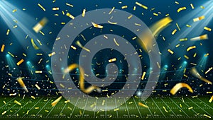 Football stadium with golden confetti. Landscape with american football field and arena lights. Sport game winner