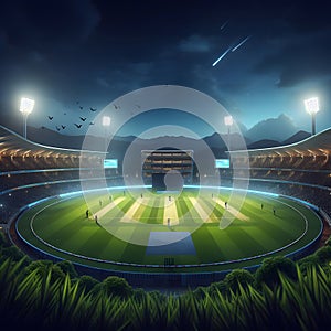 Football stadium with lights and fans at night. 3D Rendering