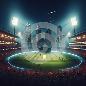 Football stadium with lights and fans at night. 3D Rendering