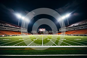 Football stadium at night with lights and grass field in the foreground