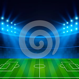 Football Stadium. Soccer field in the light of searchlights. Football World Cup. Vector illustration