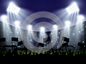 Football stadium. Soccer match. Fan team. Silhouette audience crowd with flags. Championship game. Night sport arena