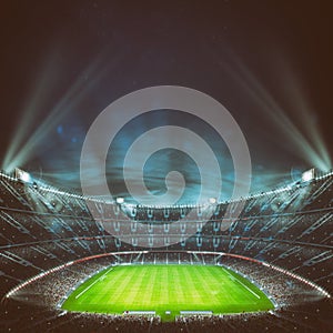 Football stadium with the stands full of fans waiting for the night game. Top view. 3D Rendering