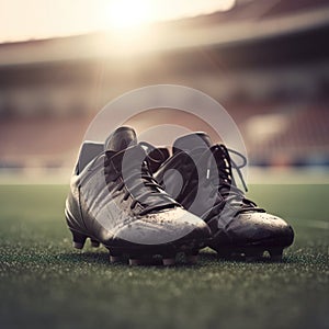 Football stud shoes with soccer ball on artificial grass field. Closeup of cleats on the football field.