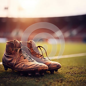 Football stud shoes with soccer ball on artificial grass field. Closeup of cleats on the football field.