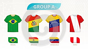 Football t-shirt with flags, teams of group A: Brazil, Bolivia, Venezuela, Peru