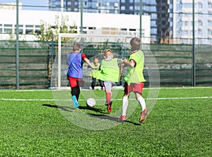 Football team - boys in red and blue, green uniform play soccer on the green field. Team game, training, active lifestyle,