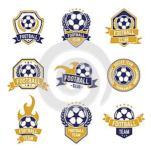 Football team labels. Soccer ball club logo, sport leagues championship stickers, football competition shield emblems