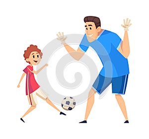 Football time. Sport training, father play soccer with son. People wear uniform, game with ball vector illustration
