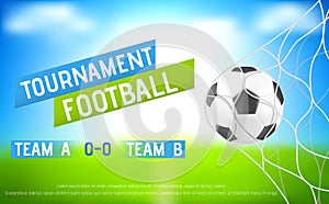 Football tournament banner with ball in goal net