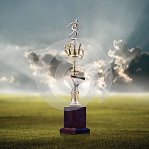 Football trophy with nice landscape background, Success