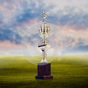 Football trophy with nice landscape background, Success