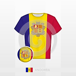 Football uniform of national team of Andorra with football ball with flag of Andorra. Soccer jersey and soccerball with flag