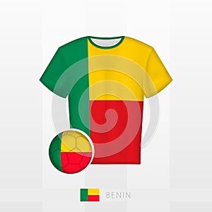 Football uniform of national team of Benin with football ball with flag of Benin. Soccer jersey and soccerball with flag