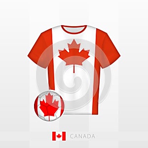 Football uniform of national team of Canada with football ball with flag of Canada. Soccer jersey and soccerball with flag