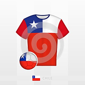 Football uniform of national team of Chile with football ball with flag of Chile. Soccer jersey and soccerball with flag