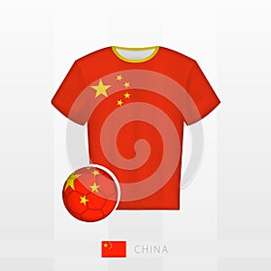 Football uniform of national team of China with football ball with flag of China. Soccer jersey and soccerball with flag