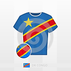 Football uniform of national team of DR Congo with football ball with flag of DR Congo. Soccer jersey and soccerball with flag