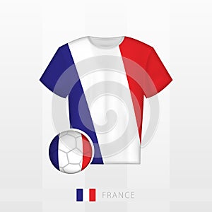 Football uniform of national team of France with football ball with flag of France. Soccer jersey and soccerball with flag