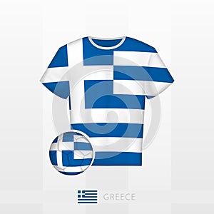 Football uniform of national team of Greece with football ball with flag of Greece. Soccer jersey and soccerball with flag