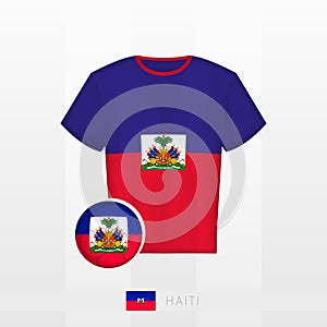 Football uniform of national team of Haiti with football ball with flag of Haiti. Soccer jersey and soccerball with flag