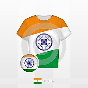 Football uniform of national team of India with football ball with flag of India. Soccer jersey and soccerball with flag