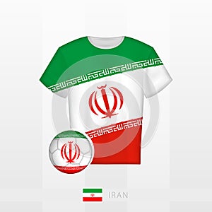 Football uniform of national team of Iran with football ball with flag of Iran. Soccer jersey and soccerball with flag