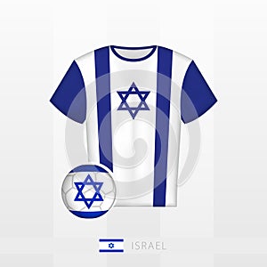 Football uniform of national team of Israel with football ball with flag of Israel. Soccer jersey and soccerball with flag