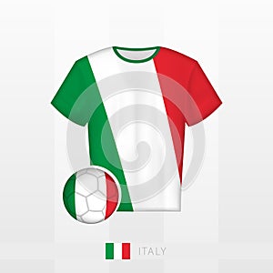 Football uniform of national team of Italy with football ball with flag of Italy. Soccer jersey and soccerball with flag