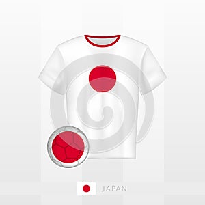 Football uniform of national team of Japan with football ball with flag of Japan. Soccer jersey and soccerball with flag