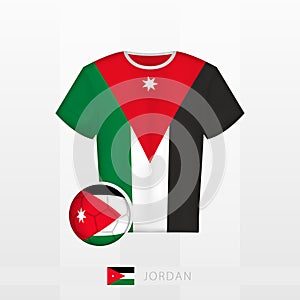 Football uniform of national team of Jordan with football ball with flag of Jordan. Soccer jersey and soccerball with flag