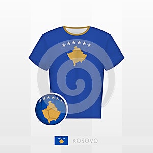 Football uniform of national team of Kosovo with football ball with flag of Kosovo. Soccer jersey and soccerball with flag