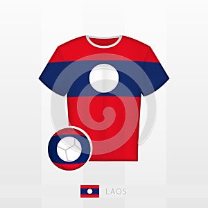 Football uniform of national team of Laos with football ball with flag of Laos. Soccer jersey and soccerball with flag